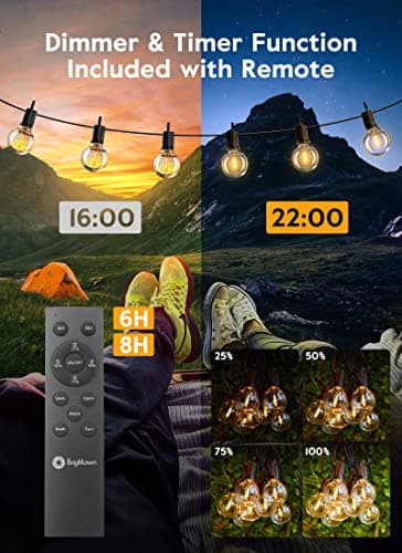 Brightown 38Ft Outdoor String Lights with Remote & 15 Shatterproof LED Bulbs - Waterproof Patio Hanging Lights for Porch Balcony Bistro Cafe