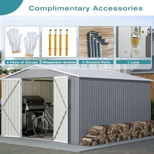 Outdoor Storage Shed, 10 X 12 FT Large Metal Utility Tool Sheds with Floor Frame, Steel Garden Shed for Backyard Garden Patio Lawn