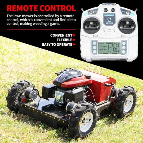 Remote Mower, Remote Control Lawn Mower, Small Crawler Oil-Electric Hybrid Four-Wheel Drive Lawn Mowing and Weed Whacker, All Terrain Grass Cutter Yard Mower, 30° Climbing (SKD-196-EASY)