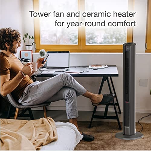 Lasko Oscillating All Season Tower Fan and Space Heater in One for Home with Adjustable Thermostat, Tip-Over Switch, 4 Fan Speeds, 3 Heat Settings and Remote Control, 42 Inches, 1500W, Gray, FH515