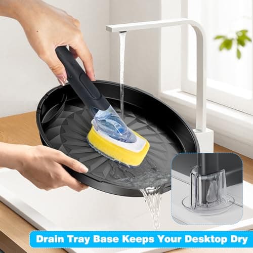 AJXX Dish Brush with Soap Dispenser Storage Set, Dish Soap Brush with 2 PCS Brush Heads & Holder, Soap Dispenser Brush with Handle, Dish Brush with Soap Dispenser, for Utensils, Pans, Sinks, Cookware