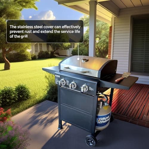Grill Propane 3 Burner Gas Outside, Bbq with Thermometer, Patio grill For Small gatherings, asadores de gas 30000 BTU. Barbecue grill with Foldable Rack.