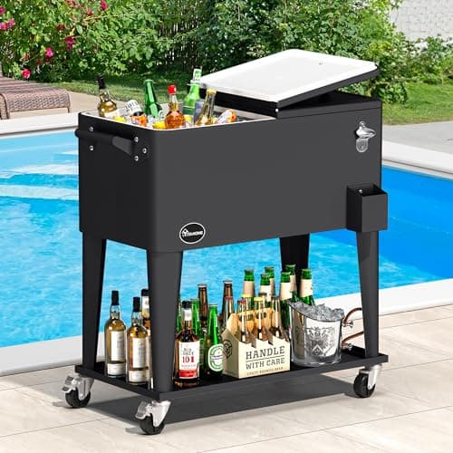 YITAHOME 80 Quart Patio Cooler Cart with Bottle Opener Drainage, Portable Rolling Beverage Cart for Pool Deck Party Cookouts