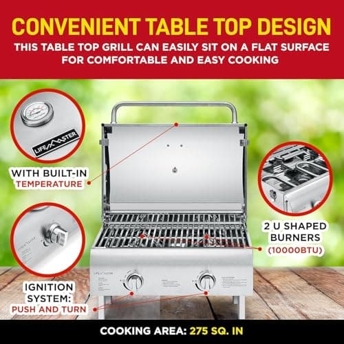 Portable Stainless Steel Gas Grill - 2 Burners Easy Clean Tabletop BBQ Propane Gas Grill with Foldable Legs and Wind Proof Lid for Camping and Outdoor - Silver