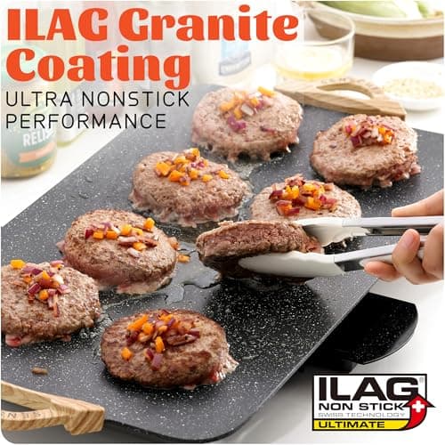 12x20 Inch Extra Large Electric Griddle, 1700W Fast Even Heating, ILAG Granite Nonstick, Slope Design for BBQ Masters, Frameless design for Easy Cleaning, Great for Family Gatherings, Black