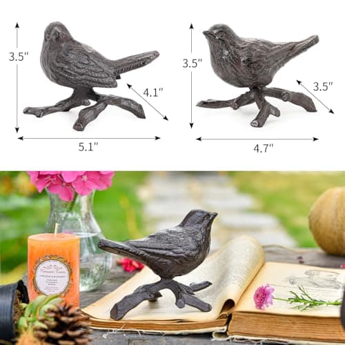 Sungmor Cast Iron Small Bird Statues, Set of 2 Realistic Rust Brown Bird with Branch Collectible Figurines, Farmhouse Home Garden Decorative Sculpture, Indoor and Outdoor Ornaments