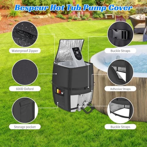 Hot Tub Spa Heater Pump Cover,Waterproof 600D Oxford Fabric Aluminum Film Insulated Cover,Inflatable Hot Tub Spa Heater Pump,Easy Installation with Zipper and Adhesive Straps,Black,Square