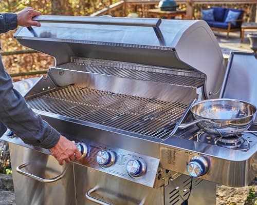 Monument Grills 77352 6-Burner Stainless Steel Cabinet Style Propane Gas Grill with Knob Controls, Side Burner, Built-In Thermometer, and Rotisserie Kit