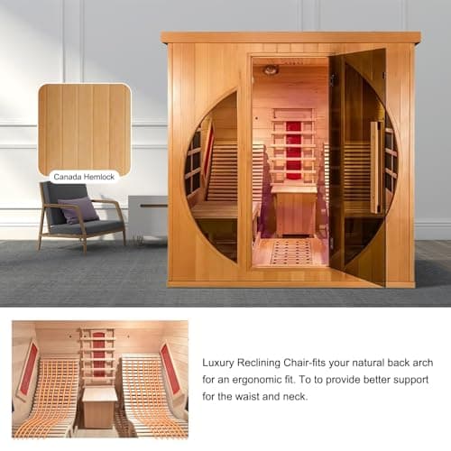 ZONEMEL Far Infrared 2 Person Wooden Sauna Room with Recliner, Red Cedar Luxury Indoor Sauna with 10 Heating Panels, Oxygen Bar, 3400 Watt, Infrared Therapy Wood Dry Heat Sauna, 220V