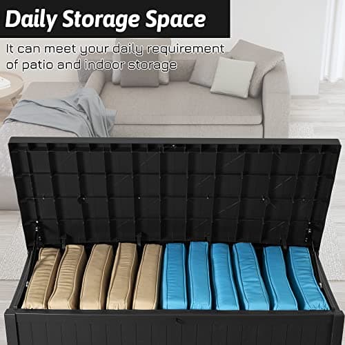 Resin Deck Box, 120 Gallon Large Outdoor Indoor Patio Storage Box Waterproof, Outside Storage Bin for Patio Furniture Covers, Cushion Pillows, Towels, Garden Tools, Black