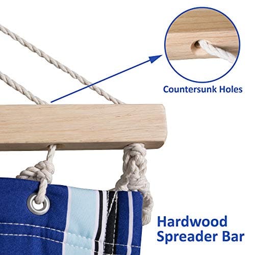 SUNCREAT Hammocks Quilted Fabric Hammock, Double Hammock with Spreader Bar, Soft Pillow, Max 475lbs Capacity, Blue Stripes