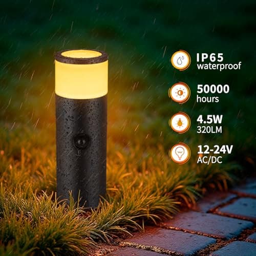 5CCT Low Voltage Bollard Pathway Lights, 4.5W 320LM 12-24V AC/DC Aluminum Waterproof Outdoor Landscape Path Light 4FT Corded with IP65 Wire Nuts 4Pack 1800K/2200K/2700K/4000K/5000K Seletable