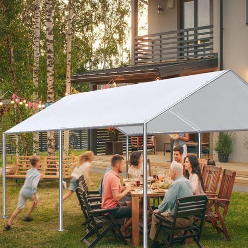 10 x 20 Ft Carport Replacement Canopy Cover Garage Top Tent Shelter with 40 Ball Bungee Cords Heavy Duty Waterproof UV & Tear Resistant, Easy Assembly, White (Only Cover, Frame Not Include)