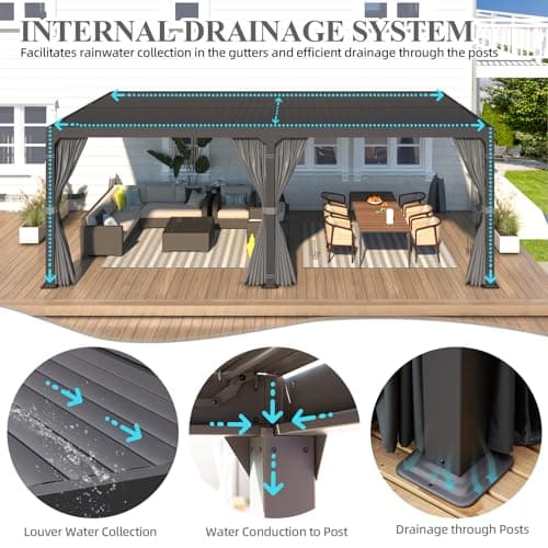 MELLCOM Louvered Pergola 12x24, Aluminum With Adjustable Roof, Outdoor With Waterproof Curtains and Nets, Dark Grey