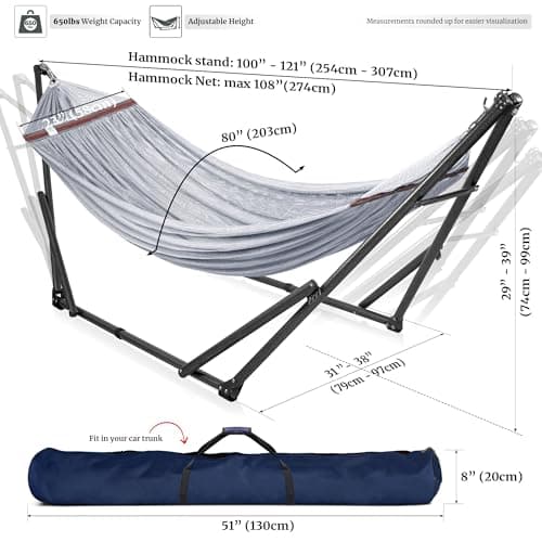 Tranquillo Double Hammock with Stand Included for 2 Persons/Foldable Hammock Stand 600 lbs Capacity Portable Case - Inhouse, Outdoor, Camping, Grey