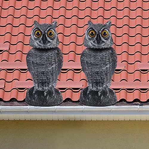 Hausse 2 Pack Fake Owl Decoys to Scare Birds Away, Rotating Head Plastic Owl Bird Deterrents, 10.6 Inch Height Bird Scarecrow Nature Enemy Horned Pest Repellent for Outdoor Garden Yard