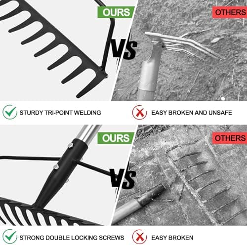 Garden Rake, Carbon Steel Sturdy and Heavy Duty Carbon Rake, Bow Rake with Adjustable Stainless Steel Handle, Long Hand for Loosening Soil Leveling Mulch Gathering Leaf