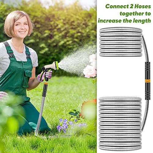 Garden Hose 50 ft, Stainless Steel Water Hose with 10 Function Nozzle Flexible, Heavy Duty, Lightweight, No-Kink, Pet Proof, Puncture Proof Hose Metal for Yard, Outdoor