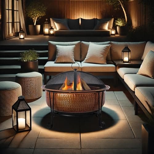 26.5" Genuine Copper Wood Burning Fire Pit w/Spark Screen, Lift Tool, Grate #65126
