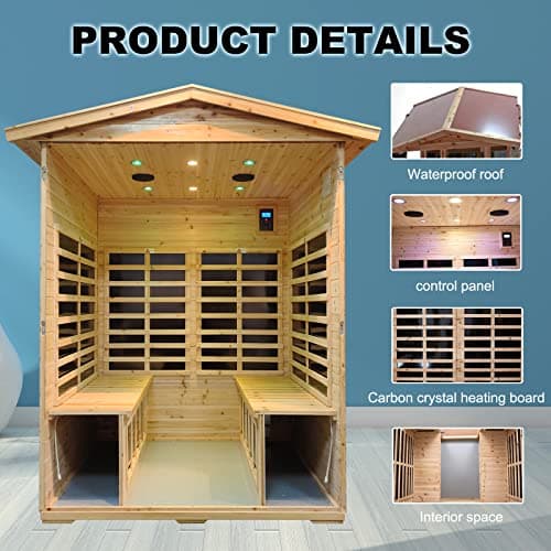 Outdoor Infrared Sauna 4 Person Far Infrared Saunas Low EMF Sauna Room for Home, 2050watt Canadian Hemlock Wooden Large Sauna with Blue-Tooth, 2 LCD Control, 4 Chromo Therapy Lighting