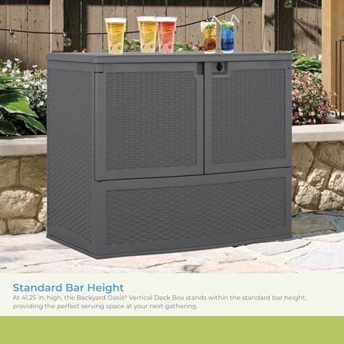 Suncast Backyard Oasis Vertical Deck Box, 195-Gallon Patio Storage Box for Furniture Cushions, Grill Tools, and Pool Accessories, Cool Gray, Made in the USA