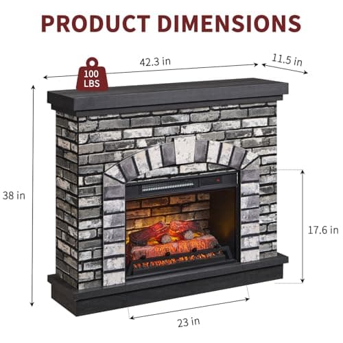 42" Electric Fireplace with Mantel, Farmhouse Fireplace TV Stand w/23'' Freestanding Electric Fireplace Heater, Remote Control, Adjustable 3D Realistic Flame Level for Living Room, Light Grey