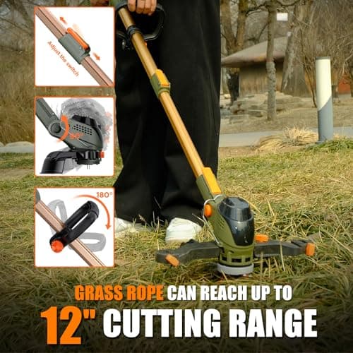 12-Inch Cordless String Trimmer & Edger, (2 x 21V 4.0Ah Electric Brush Cutter Battery Powered), with Auxiliary Bracket, Side Ball, 90° Rotary Head, Telescopic Handle, 3 Cutting Methods(WEG21T)
