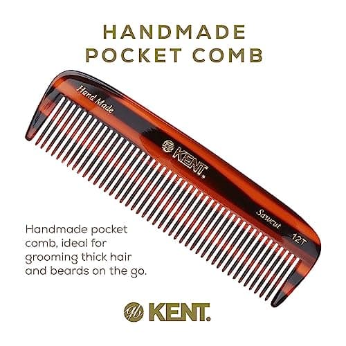 KENT 12T Wide Tooth Detangling Comb - 5.5" Handmade Pocket Comb for Thick, Curly, and Wavy Hair, Large Tooth Grooming Comb for Hair, Beard, and Mustache - Saw-Cut and Hand Polished