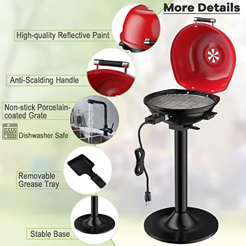 Giantex Electric Grill Indoor Outdoor, 1600W Portable Barbecue Grill with Removable Non-Stick Grilling Rack, Adjustable Temperature, Oil Drip Tray, for Picnic Camping Backyard Cooking (Red)