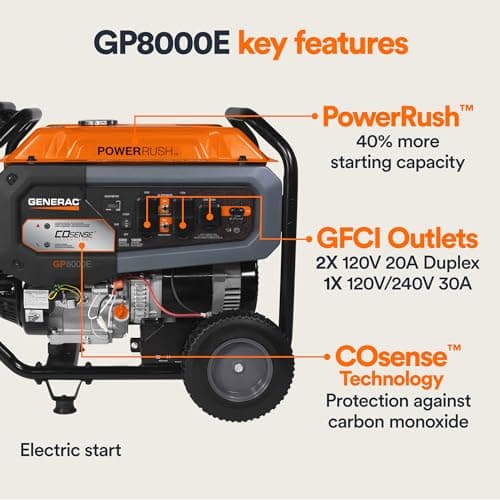 Generac 8,000-Watt Gas-Powered Portable Generator - Electric Start with COsense - PowerRush Advanced Technology - Reliable Power for Emergencies, Recreation, Home - 49 State Compliant - Orange/Black