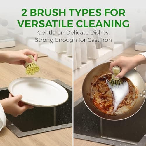 Bamboo Dish Brush Set of 3, 100% Plant-Based Kitchen Dish Brush Bamboo with Sisal and Coconut Bristles, 2 Brush Types, No Scratch Wood Sish Scrub Brush for Dishes, Quick-Drying, Odor Free