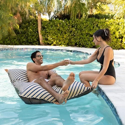 Big Joe Lux Lagoon Lounger Pool Float, Navy and Ivory Cape Stripe, Premier Mesh, Durable UV Protected Polyester Blend, No Inflation Needed