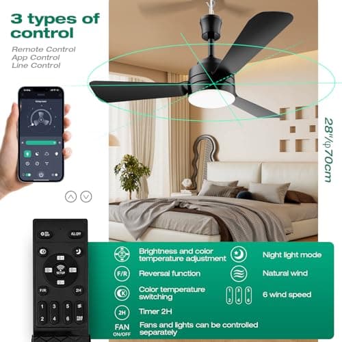 Ceiling Fans with Lights,28" LED Fan Light Hanging with Hook,Hook Type Ceiling Fan,Plug in Ceiling Fan Light,35W,3000-6500k,Remote Control,Portable Fan for Camping Bed,Patios,(Black)