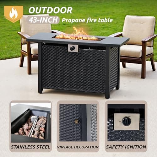 Propane Fire Pit Table,Out Door Fire Pits & Fireplaces,Gas Fire Pit with Lid and Lava Rock.Square Black Fire Pit Table on Patio Deck & Garden Backyard. (Raven‌ Black, 43-inch)