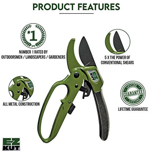 EZ Kut Heavy Duty Pruning Shears Green - with Ratcheting Action Great Garden Hand Tool Clippers Gardening pruners arthritis tools Ratcheting Anvil Hand Pruner Pruning Shears Heavy Duty Since 1988