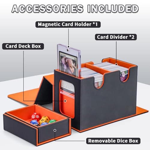 Commander Deck Box for MTG, Card Deck Box with Dice Tray and Display Window, Fits 200+ Double-Sleeved Cards, Magnetic Leather Trading Card Storage Case for Magic Game Cards (Black & Orange)