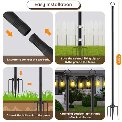 10Ft String Light Poles 4 Pack,Light Poles for Outside Lights,Outdoor with Fence Brackets Hanging Lights,Metal Stand Deck Patio Backyard