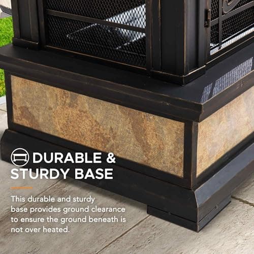 Sunjoy Outdoor Fireplace, Smith Collection Patio Wood Burning Steel Fireplace with Chimney, Spark Screen, Fire Poker, and Removable Grate, Copper with Yellow Tile