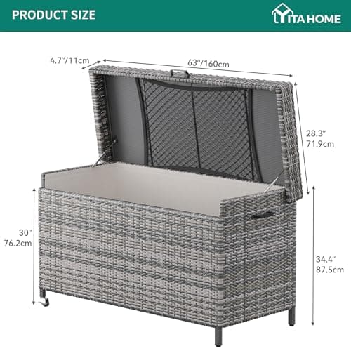 YITAHOME 200 Gallon Large Wicker Deck Box w/Storage Net, Rattan XL Outdoor Storage Box Patio Cushion Storage, Waterproof Storage Box for Patio Furniture, Garden Tools, Pool Sports Equipment (Grey)