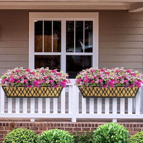 2 Pack 24 Inch Window Boxes Planters Railing Planter Box with Adjustable Brackets for Porch Fence Patio Balcony Hanging Flower Baskets with Coco Liners for Outdoor Garden Décor - Black