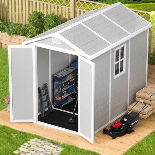 8.7x5.5 FT Outdoor Storage Shed with Floor, Weather-Resistant Resin Shed with Window, Lockable Door and Vents, Plastic Outside Tool Storage Sheds for Garden, Backyard, Lawn