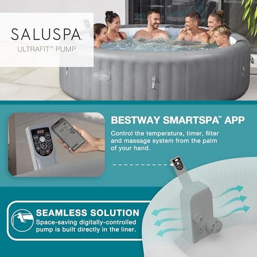 Bestway SaluSpa Hawaii Smart AirJet Inflatable Hot Tub Round Portable 6 to 8 Person Spa with 190 AirJets, App Control and EnergySense Cover, Grey