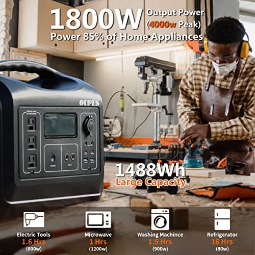 OUPES Portable Power Station 1800W (4000W Peak), 1488Wh LiFePO4 Battery Generator with 10 Outputs for Camping, Home Backup & Emergency