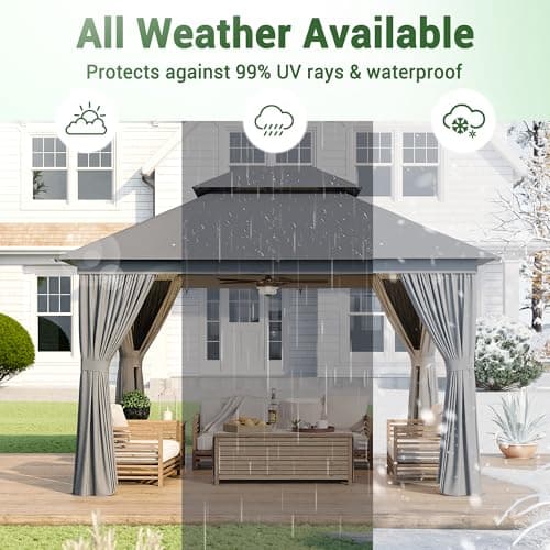 oneinmil 12' x 10' Hardtop Gazebo with Netting and Curtains, Outdoor Gazebo with Aluminum Frame, Heavy Duty Polyester Fabric Double Roof Canopy Party Tent for Patio, Backyard, Lawn, Gray