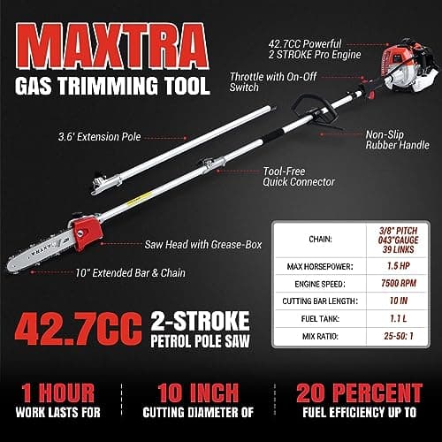 Pole Saw Gas Powered, 16-Foot Reach 42.7CC 2-Cycle 10-Inch Bar Cordless Extendable Long Trimmer Power Gasoline Chainsaw For Tree Hedge Trimming Bush Pruning, Regular Saw Head