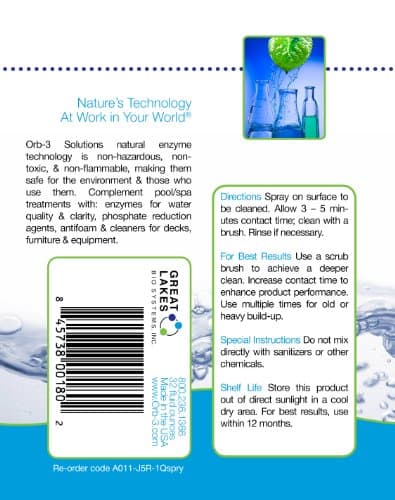 A011-J5R-1Qspry Ready-to-Use Enzyme Cleaner Spray Bottle for Pools, 1-Quart, Translucent light yellow liquid