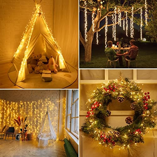 Minetom Fairy Lights Plug in, 10Feet 200 Led Cluster Lights Waterproof Firecracker Starry String Lights for Ceiling Bedroom Wreath Window Wedding Christmas Tree Decoration, Warm White (No Remote)