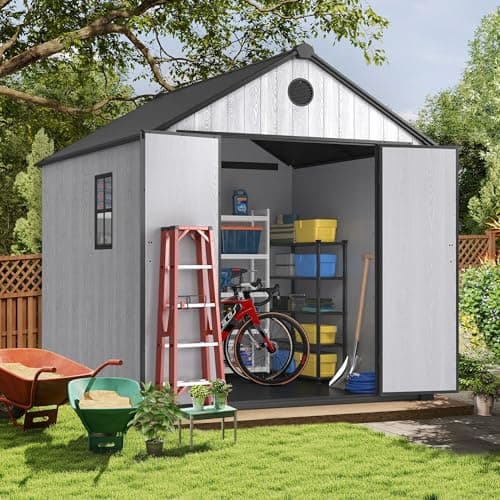 8 x 8 FT Resin Storage Shed Outdoor Storage Shed Storage Sheds Outdoor with Floor, Side Window, Plastic Shed with Lockable Door, Front Rear Vents for Backyard, Garden, Patio (8x8 FT)