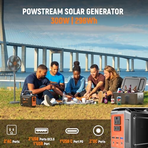 POWSTREAM 300W Solar Powered Generator 296Wh Portable Power Station with Solar Panel Foldable 60W Included, Battery Charger Power Bank with AC Outlet for RV Trip Camping Emergency Home Outage CPAP