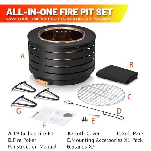 Low Smoke Fire Pit, 19 Inch Stainless Steel Portable Fire Pit for Wood Burning, Outdoor Fire Pit Perfect for Camping or Backyard, Includes Fire Poker, Stand, Cloth Cover and Grill Rack